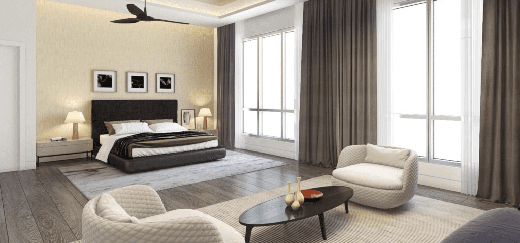 The primary suite in this penthouse at 2240 Mimosa. 
